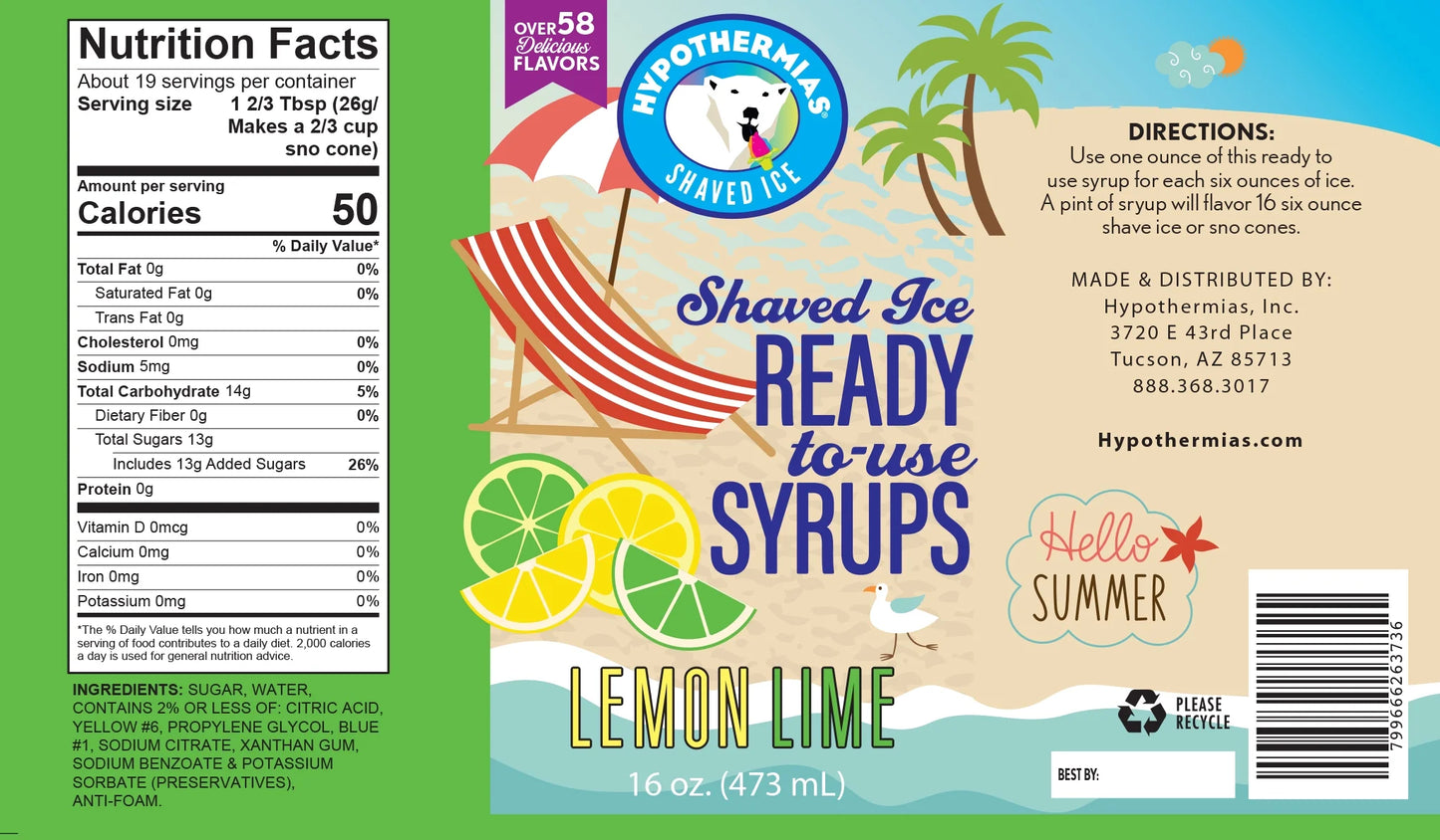 Hypothermias Shaved Ice and Snow Cone Syrup in Gift Box - Variety 3 Pack (16 Fl Oz Each) - Coconut, Strawberry, Lemon Lime - Non-Gmo 100% Pure Cane Sugar