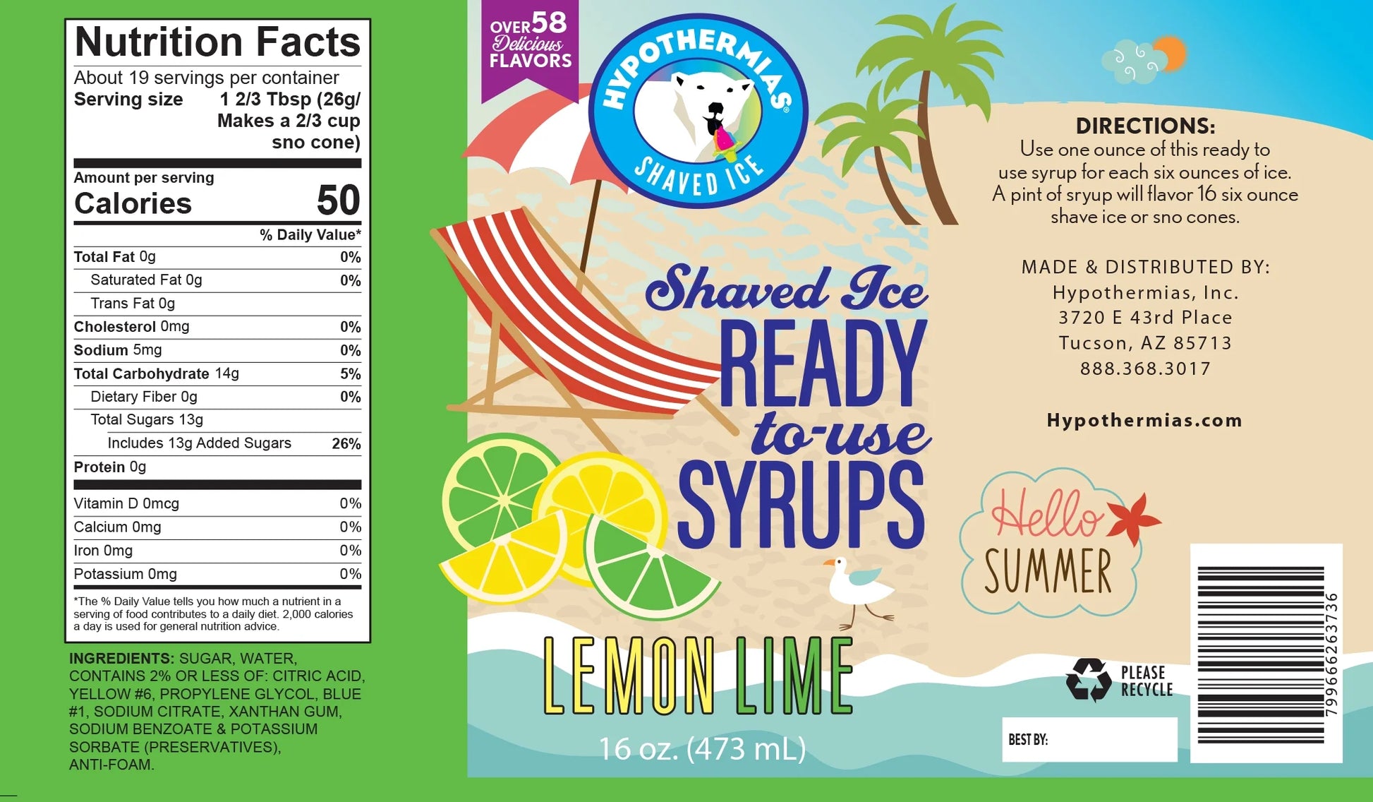 Hypothermias Shaved Ice and Snow Cone Syrup in Gift Box - Variety 3 Pack (16 Fl Oz Each) - Coconut, Strawberry, Lemon Lime - Non-Gmo 100% Pure Cane Sugar