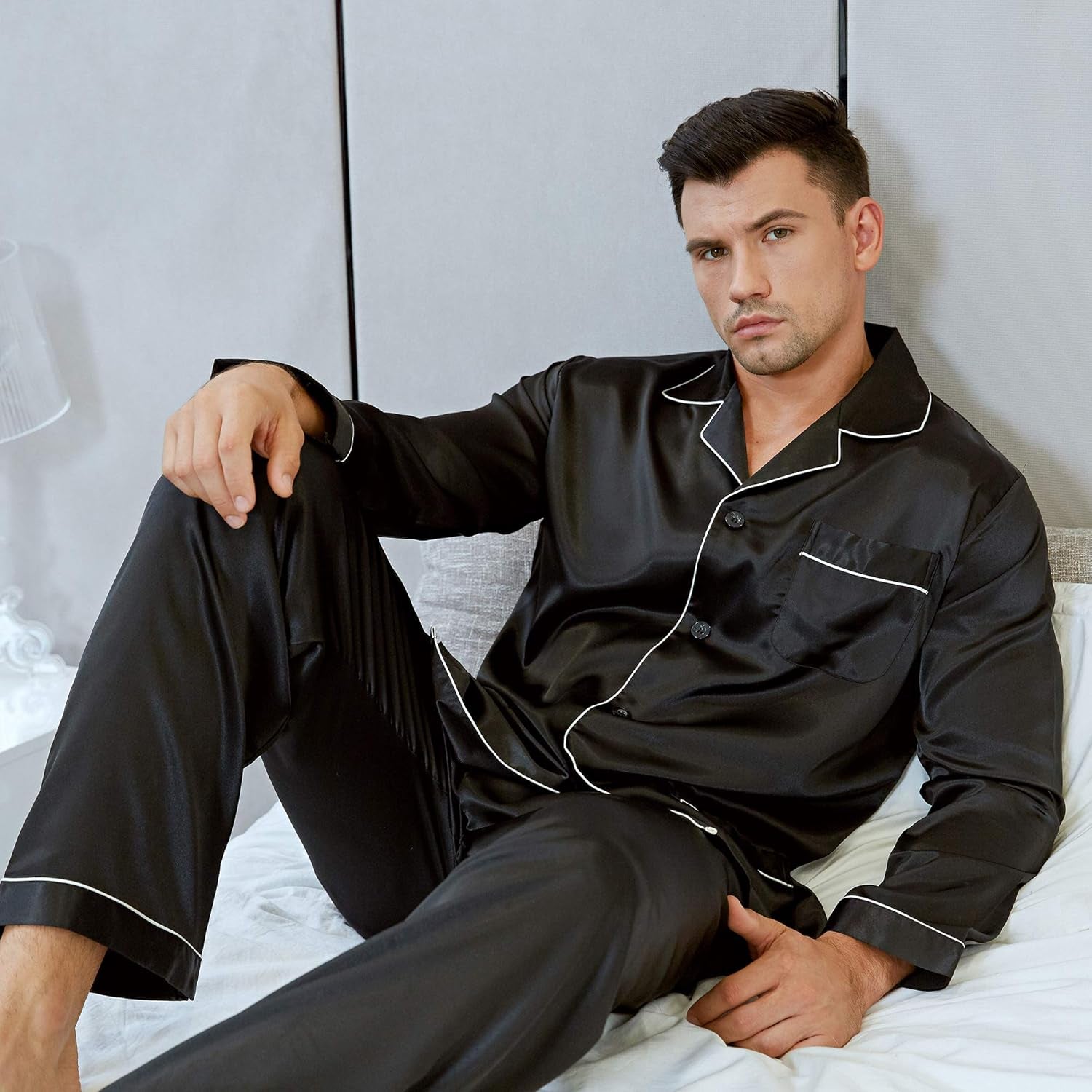 Lonxu Pajamas Set Mens Silk Satin Pajamas Long Sleeve Loungewear Two-Piece Sleepwear Button-Down Pj Set S-XXXXL