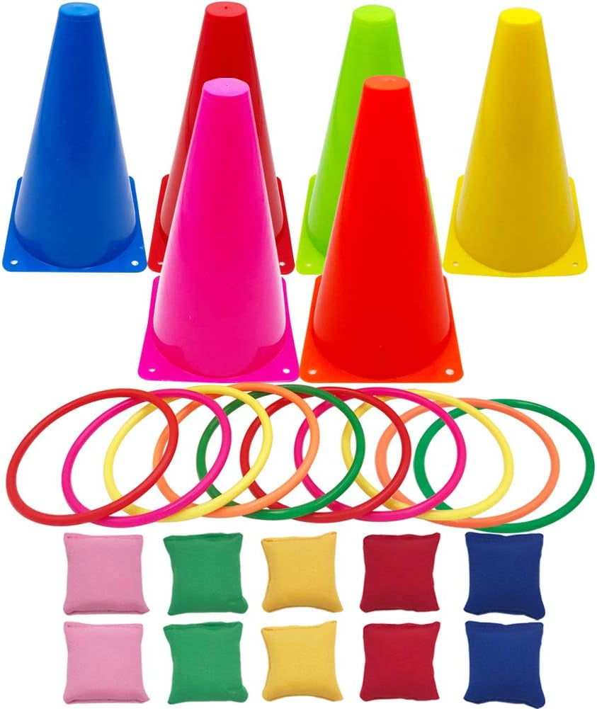 3 in 1 Carnival Games Set, Soft Plastic Cones Cornhole Bean Bags Ring Toss Games for Carnival Kids Birthday Party Indoor Outdoor Games Supplies