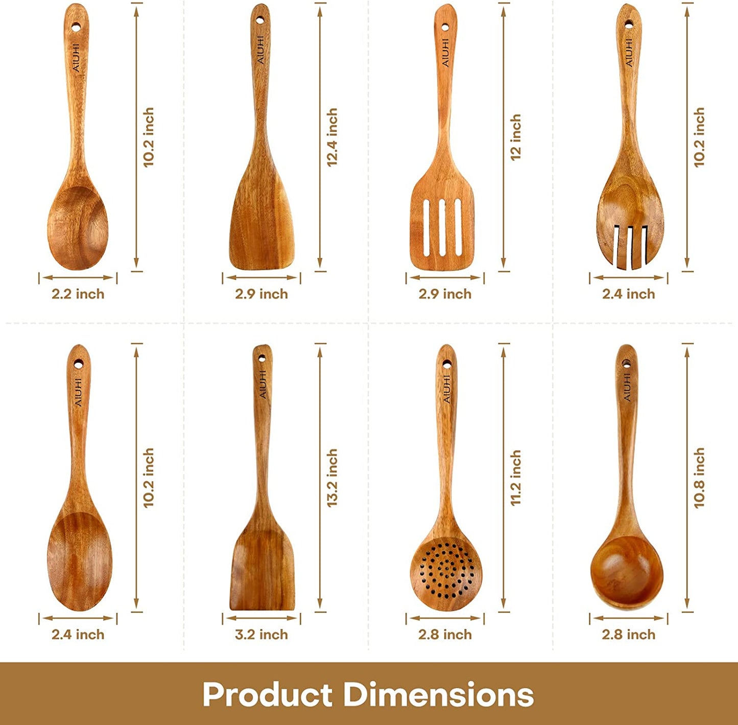 AIUHI Wood Spoons for Cooking, Nonstick Kitchen Utensil Set, Wooden Spoons Cooking Utensil Set Non Scratch Natural Teak Wooden Utensils for Cooking (Teak 8 Pack)