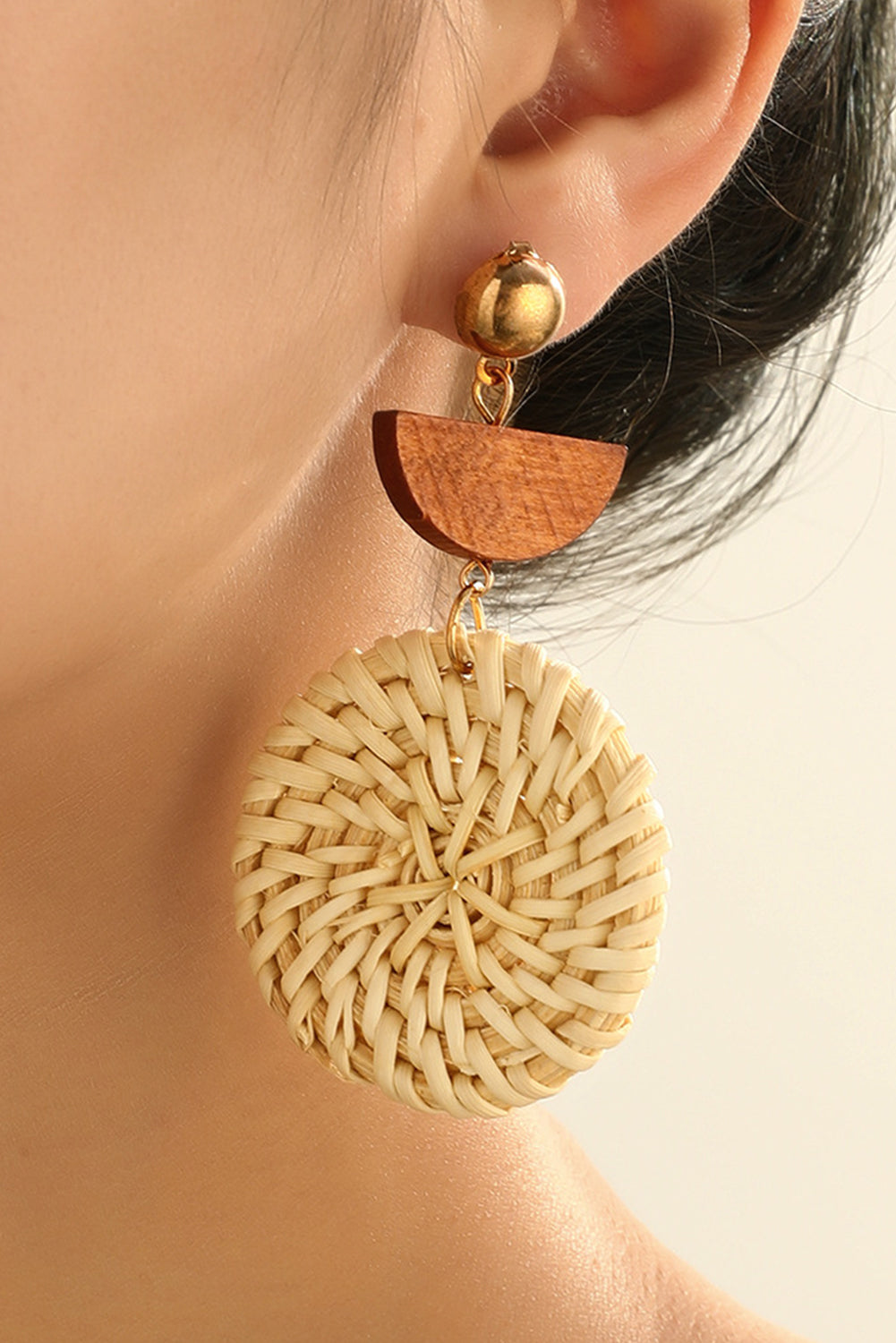 Beige Wooden Woven Disc Dangle Earrings