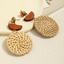 Beige Wooden Woven Disc Dangle Earrings