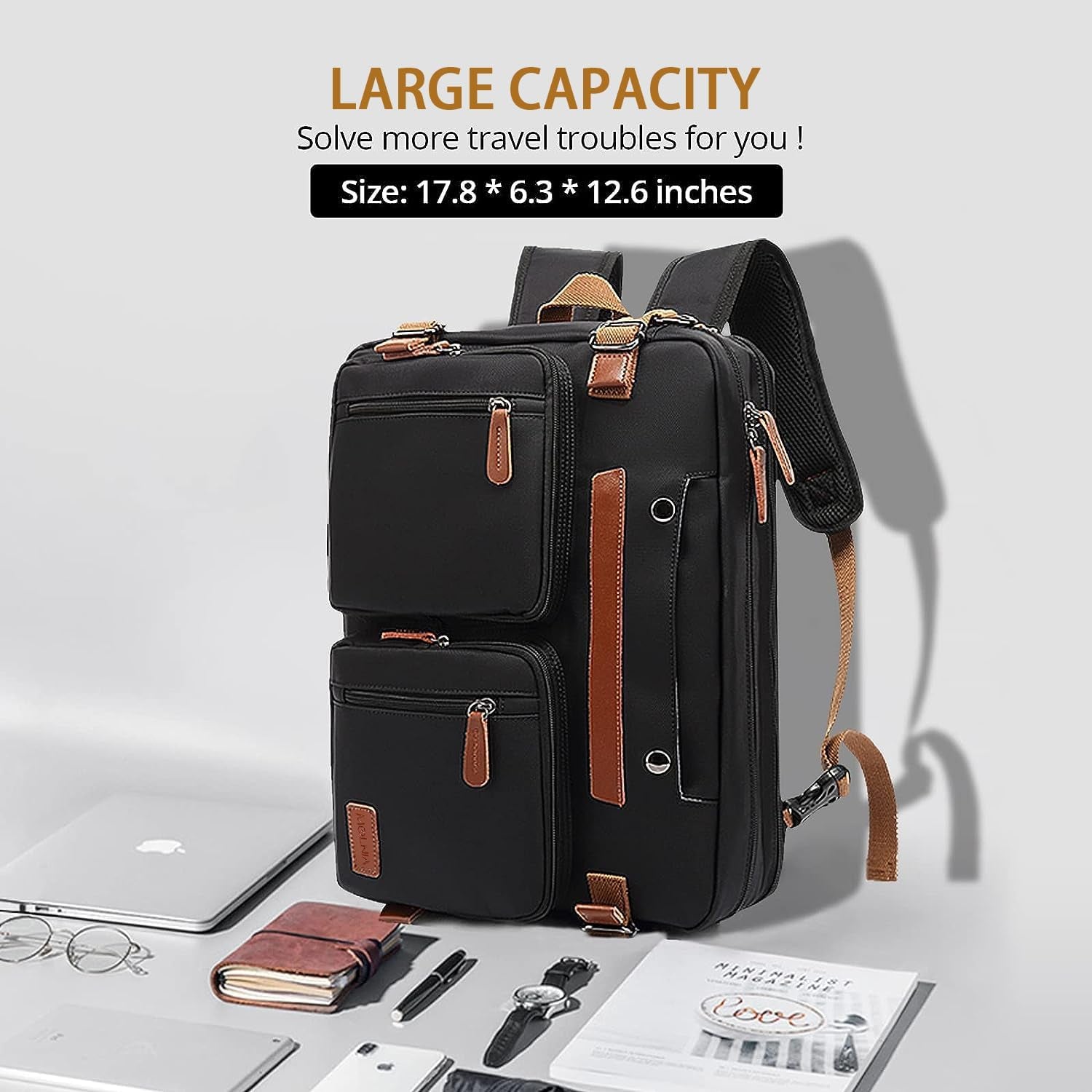 MOLNIA 3 in 1 Laptop Bag for Men, 17.3 Inch Work Bags for Men, Laptop Backpack, Briefcases, Messenger Bag, Computer Bags for Laptops for Men Women, Black