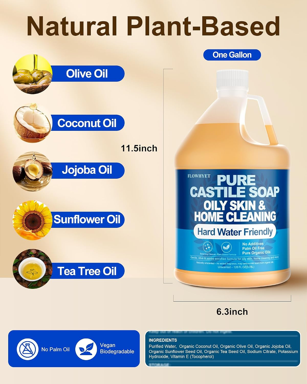 1 Gallon Pure Castile Soap Liquid EWG Verified Unscented | Oily Skin&Hard Water Friendly Organic Castille Hand Soap Refill, 128 Oz, Home Cleaning, Body Wash, , Concentrate Unscented