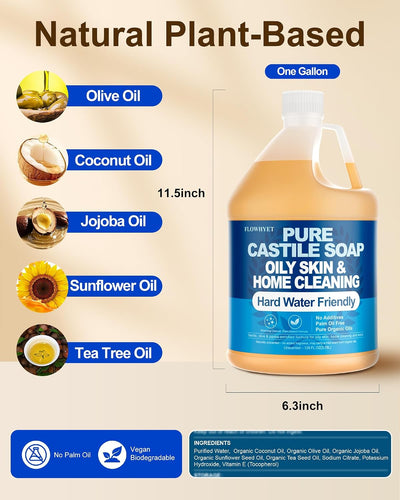 1 Gallon Pure Castile Soap Liquid EWG Verified Unscented | Oily Skin&Hard Water Friendly Organic Castille Hand Soap Refill, 128 Oz, Home Cleaning, Body Wash, , Concentrate Unscented