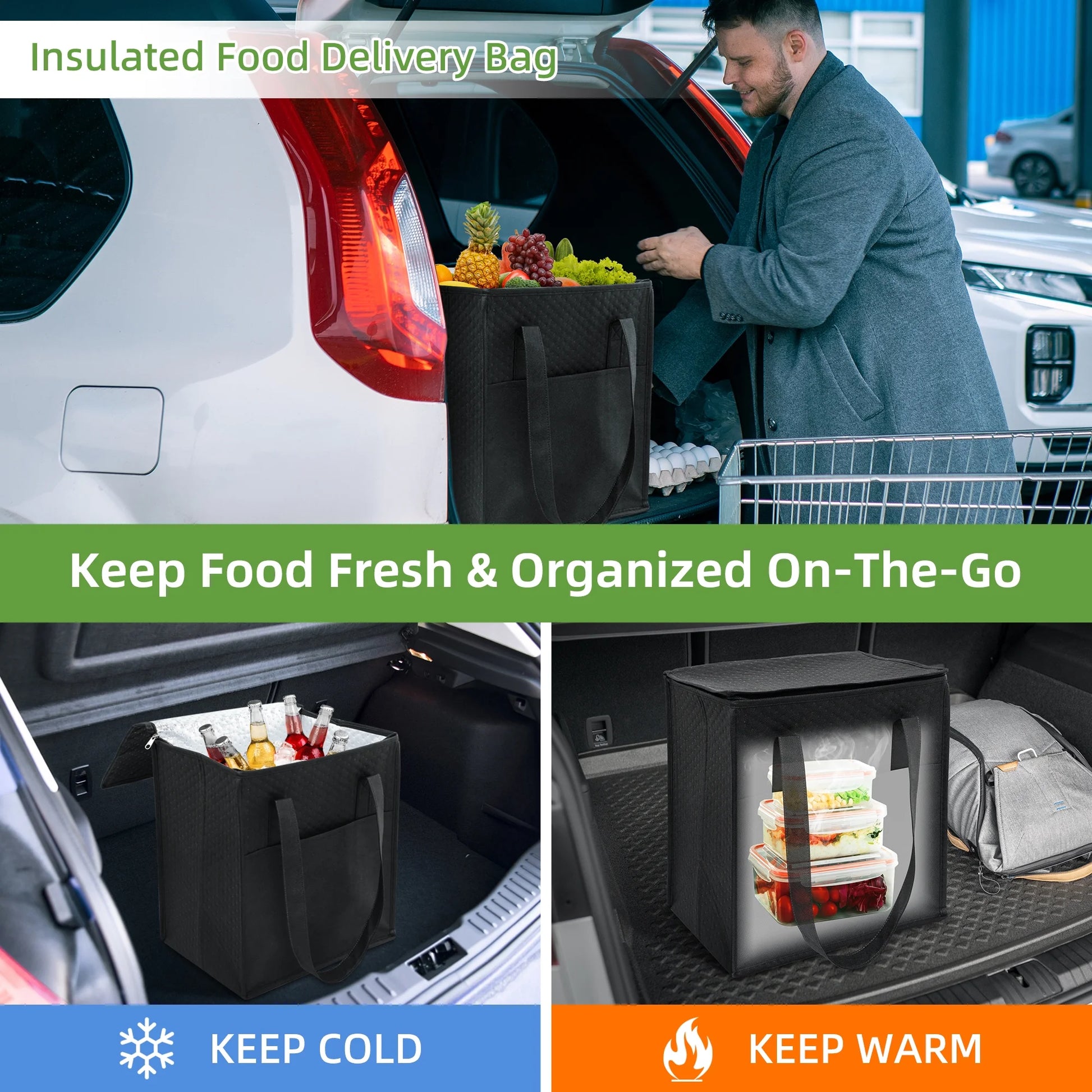 Sentryse 10-Pack Insulated Grocery Bags with Zipper, Large Reusable Cooler Bags for Frozen Food, Grocery Shopping, Meal Transport, Picnic & Travel + 40 Ice Packs & 5 Funnels