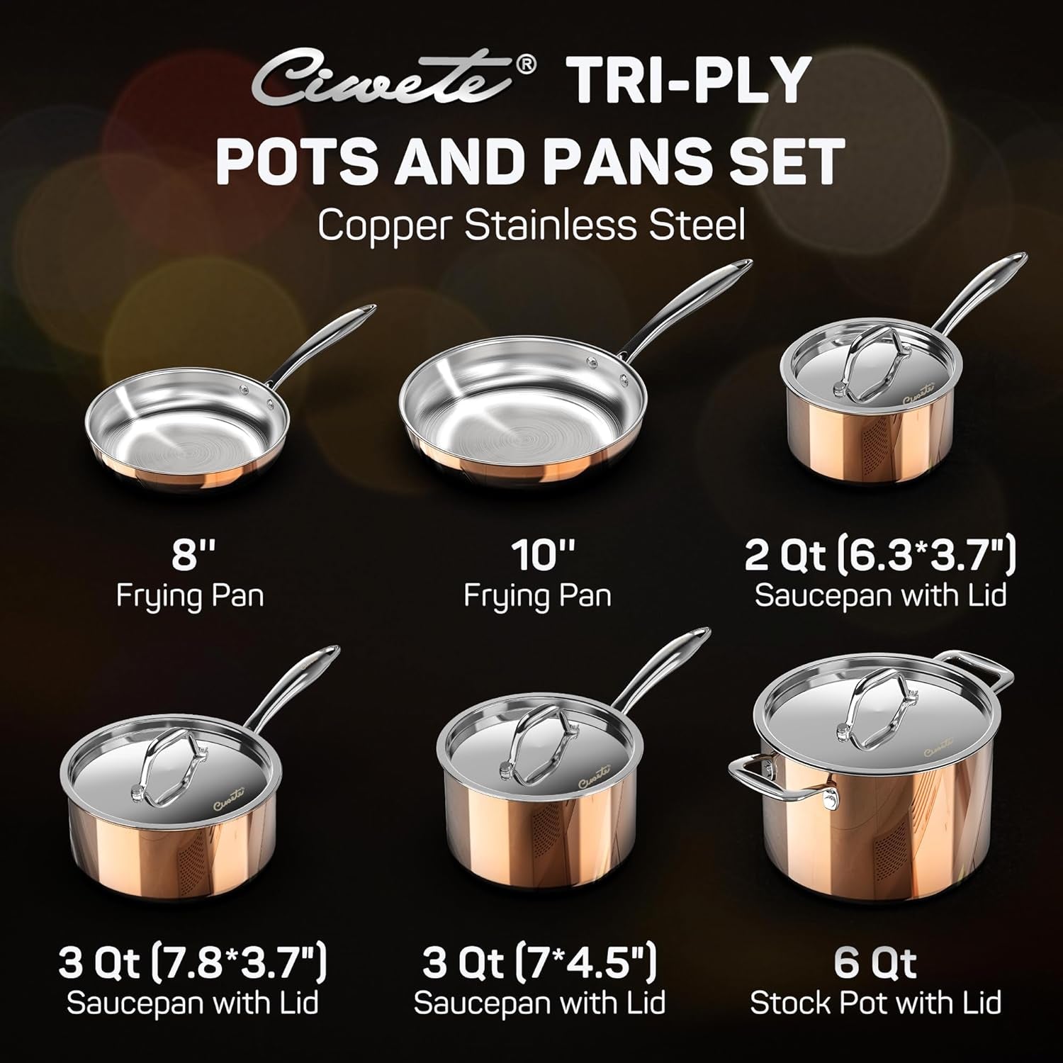 Ciwete Whole Tri-Ply 18/10 Stainless Steel Cookware Set, 10 Pcs Elegant Copper Pots and Pans Set, Induction Cookware, Frying Pans, Saucepans & Stock Pot with Lid, Ideal Gift for Wedding, Housewarming