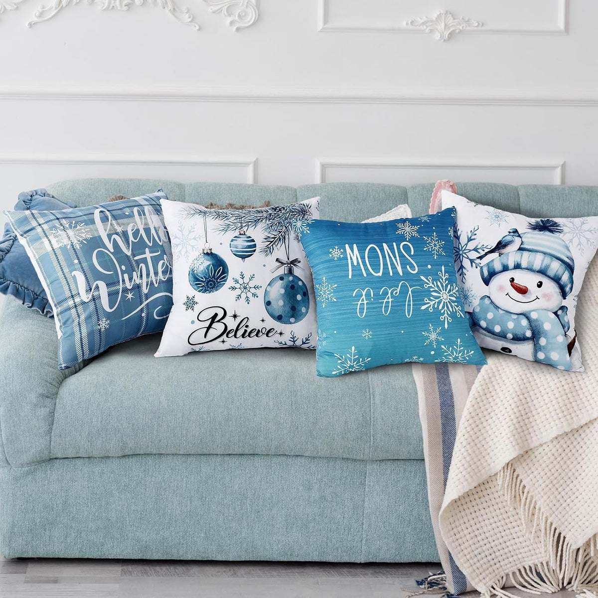 Hunnmingre Set of 6 Blue Christma Snowman Pillow Covers 18 X 18 Inch