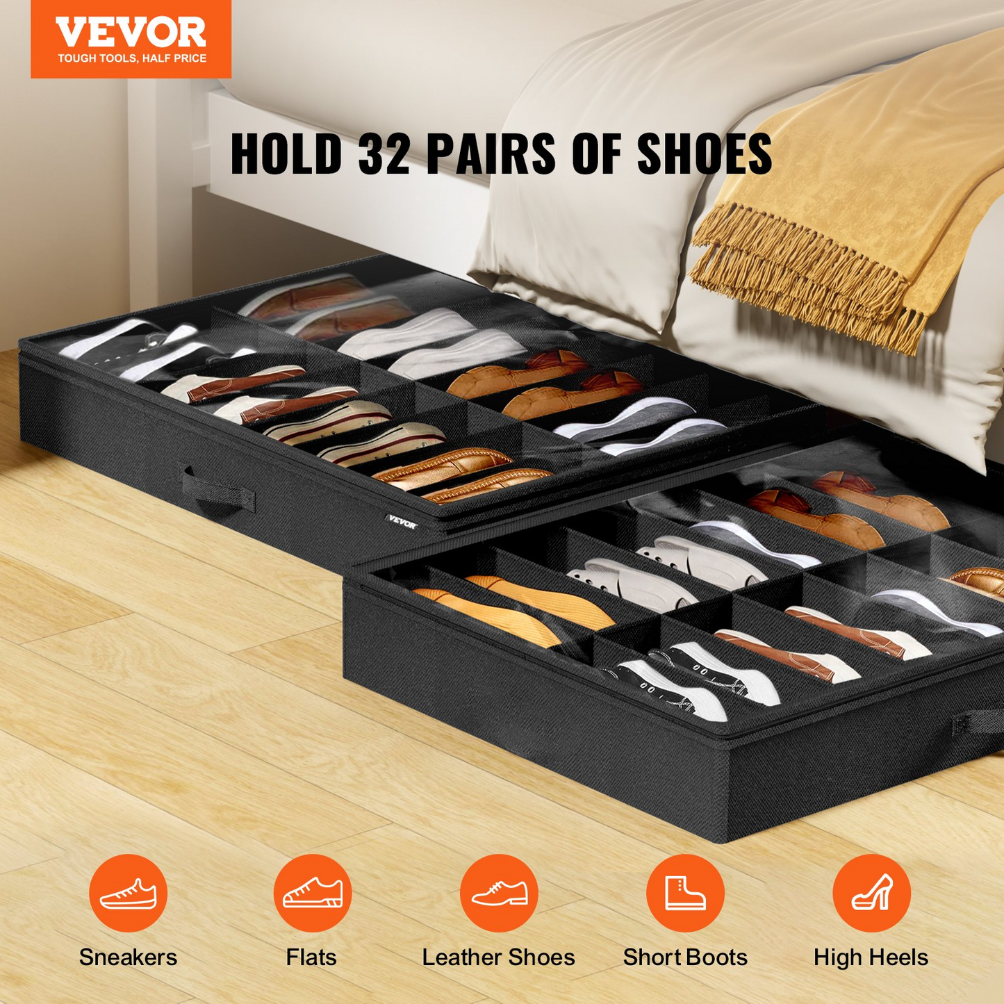 Vevor Sturdy Under Bed Shoe Storage Organizer, Set of 2, Fit 32 Pairs, Underbed Shoes Closet Storage Solution with Clear Window, Breathable, L31.5"x W23.6"x H5.9", Black