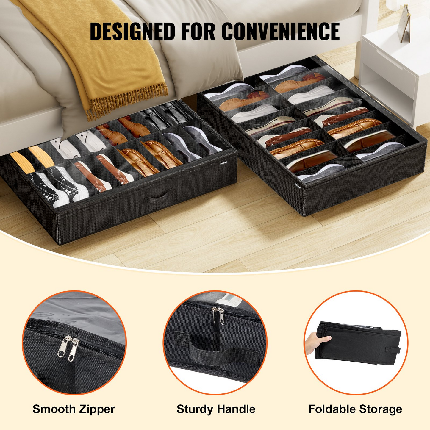 Vevor Sturdy Under Bed Shoe Storage Organizer, Set of 2, Fit 32 Pairs, Underbed Shoes Closet Storage Solution with Clear Window, Breathable, L31.5"x W23.6"x H5.9", Black