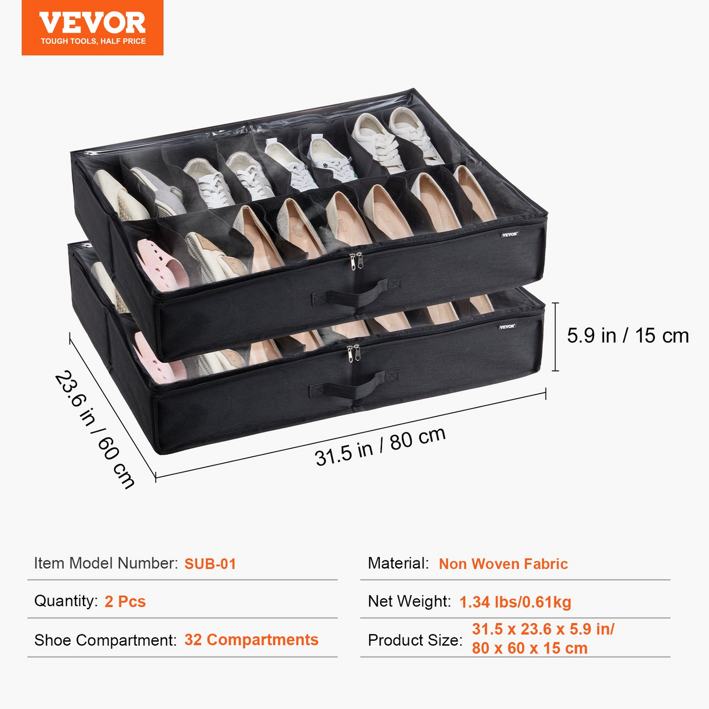 Vevor Sturdy Under Bed Shoe Storage Organizer, Set of 2, Fit 32 Pairs, Underbed Shoes Closet Storage Solution with Clear Window, Breathable, L31.5"x W23.6"x H5.9", Black