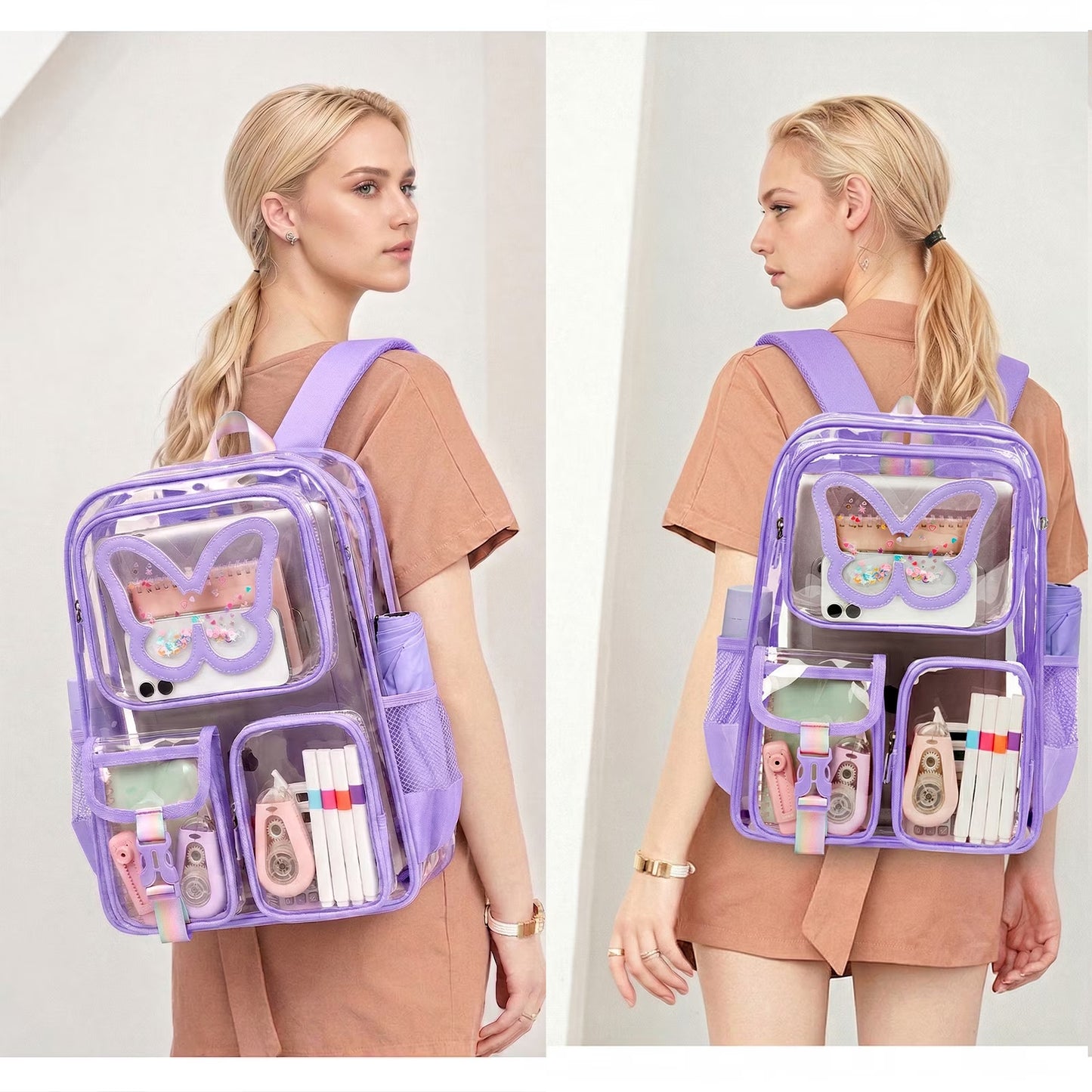 SANMADROLA Clear Backpack Heavy Duty Transparent Bookbag Teen Girlish Cute Bag Large Capacity See through Backpacks Stadium Approved Daypack for Middle School College Sport/Travel, Purple Butterfly
