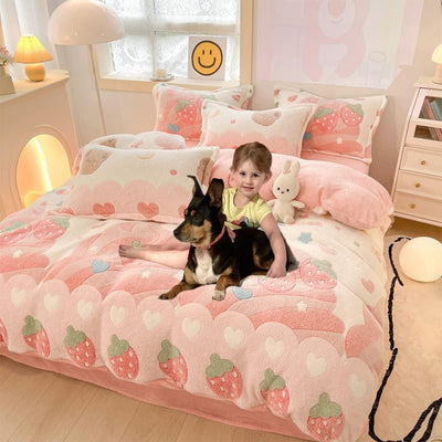 Pink Strawberry Duvet Cover Set Fluffy Kawaii Cartoon Comforter Cover Soft Kids Twin Size Bedding Set (Strawberry)