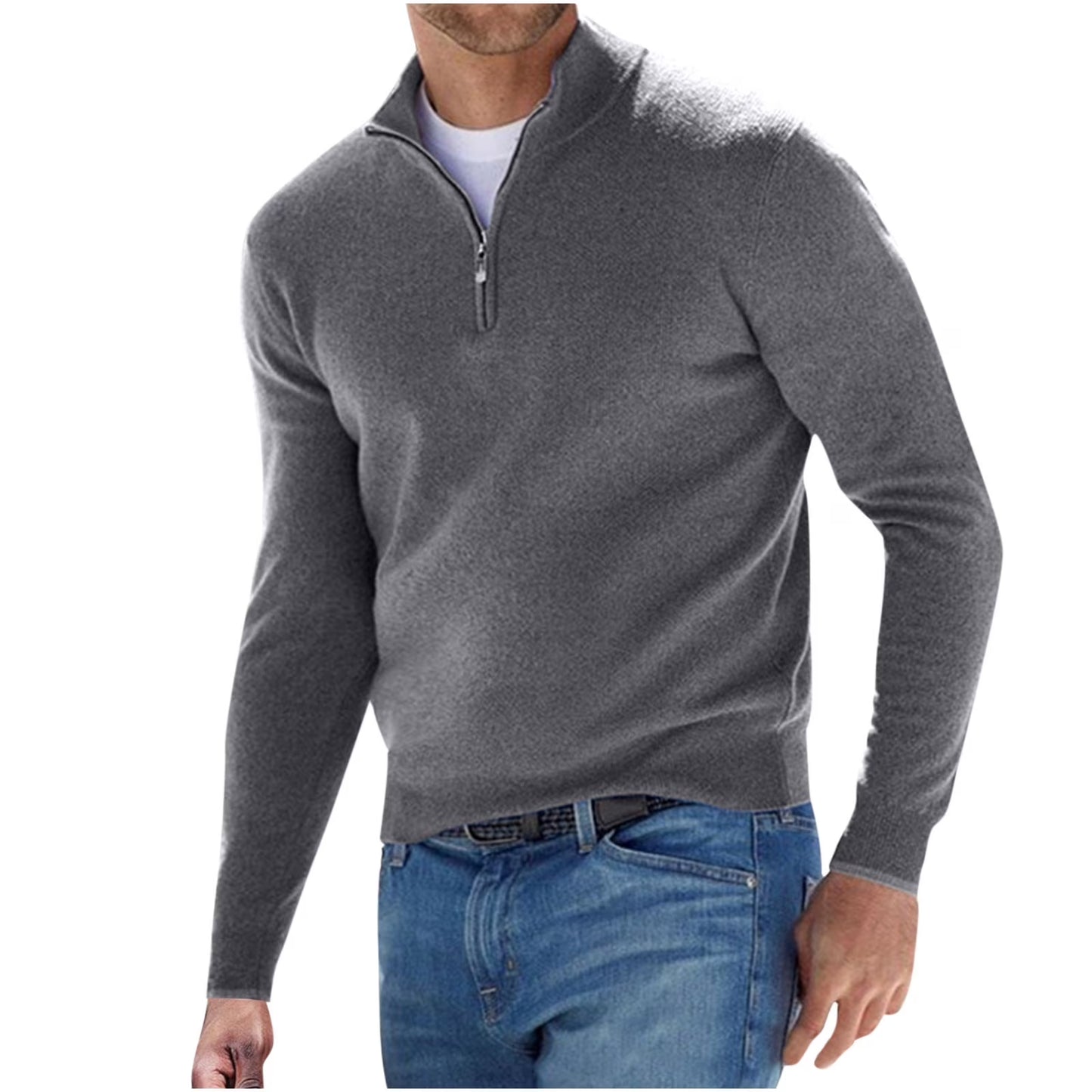 ZCFZJW Mens Slim Fit Quarter Zip Mock Neck Sweater Casual Warm Winter Solid Long Sleeve Knitted Turtleneck Pullover Sweatshirts Gray XXXXL