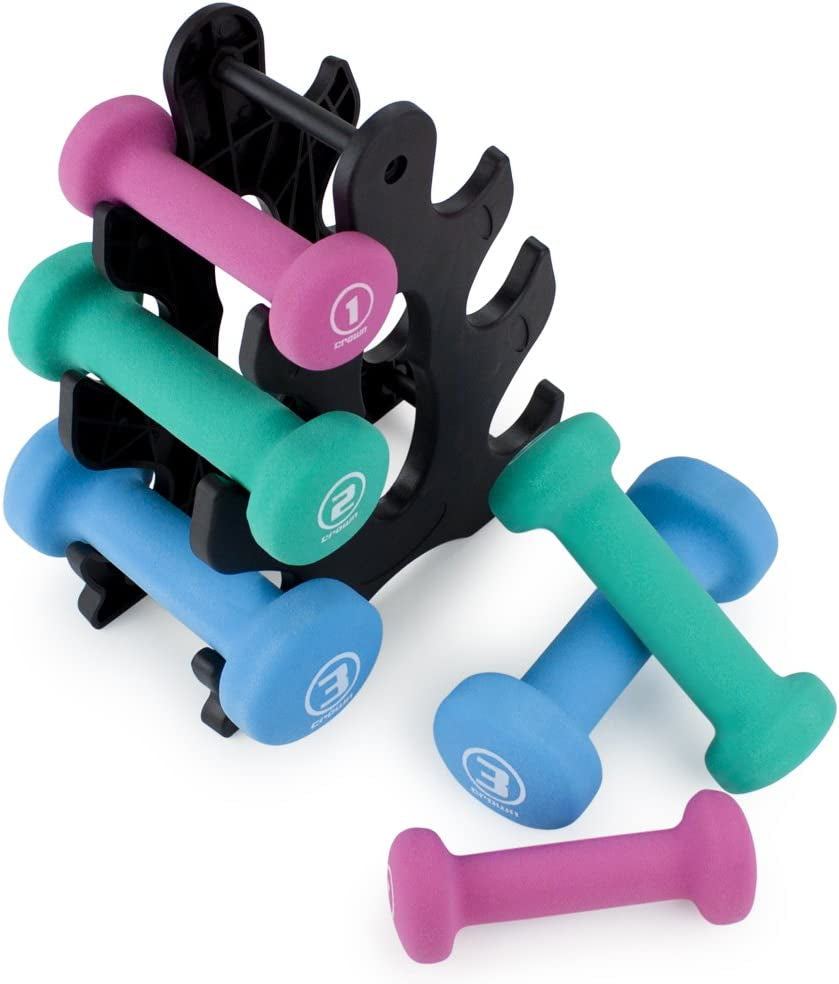 Crown Sporting Goods Hand Weights Dumbbells Set - 1, 2 and 3 Lbs with Rack - Soft and Comfortable Neoprene Weights Set for Home Gym - Indoor and Outdoor Dumbbell Sets with Rack