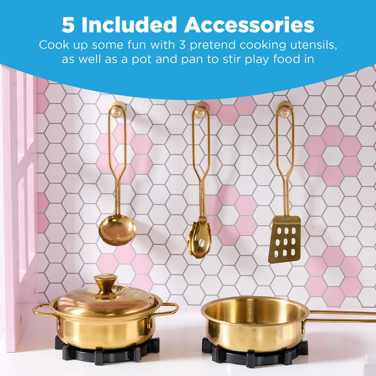 Best Choice Products Pretend Play Wooden Farmhouse Kitchen Set W/ Storage, Clicking Knobs, 5 Accessories - Rose