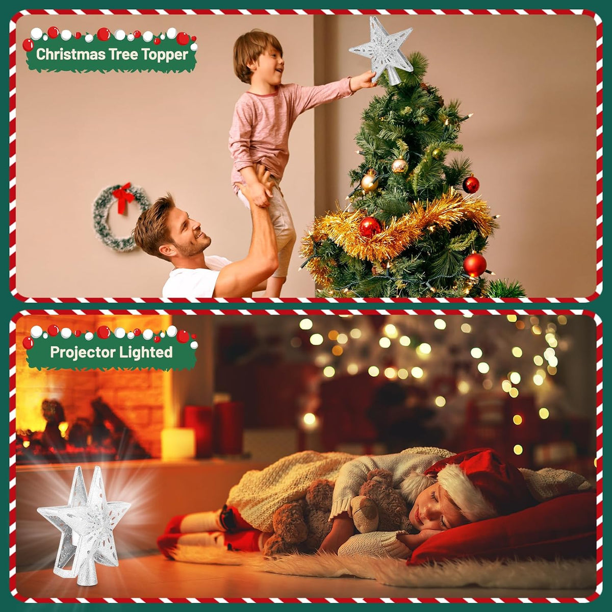 Christmas Tree Topper Lighted with 6 Patterns Projector, Christmas Tree Star Topper Built-In 3D Glitter LED Rotating Lights, Silver Tree Topper Christmas Decoration for Xmas Party Holiday