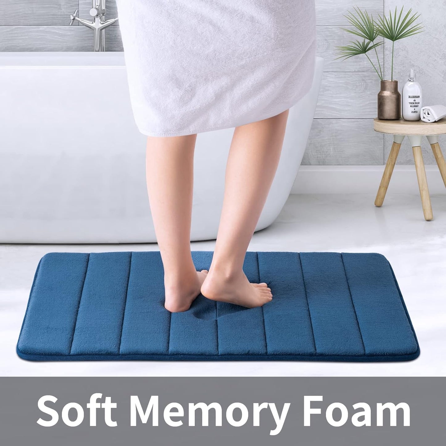 ROSMARUS Memory Foam Bath Mat 20' X 32', Water Absorbent Shower Mat, Thick Non Slip Bath Rugs with PVC Backing, Ultra Soft Bath Rugs for Floor & Tub, Navy