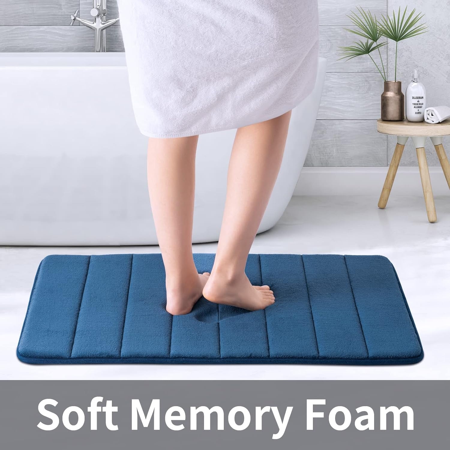 ROSMARUS Memory Foam Bath Mat 20' X 32', Water Absorbent Shower Mat, Thick Non Slip Bath Rugs with PVC Backing, Ultra Soft Bath Rugs for Floor & Tub, Navy