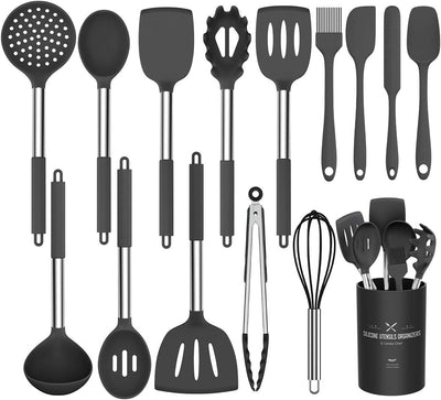 Silicone Cooking Utensil Set, Umite Chef 15Pcs Silicone Cooking Kitchen Utensils Set, Non-Stick - Best Kitchen Cookware with Stainless Steel Handle - Black Kitchen Utensils