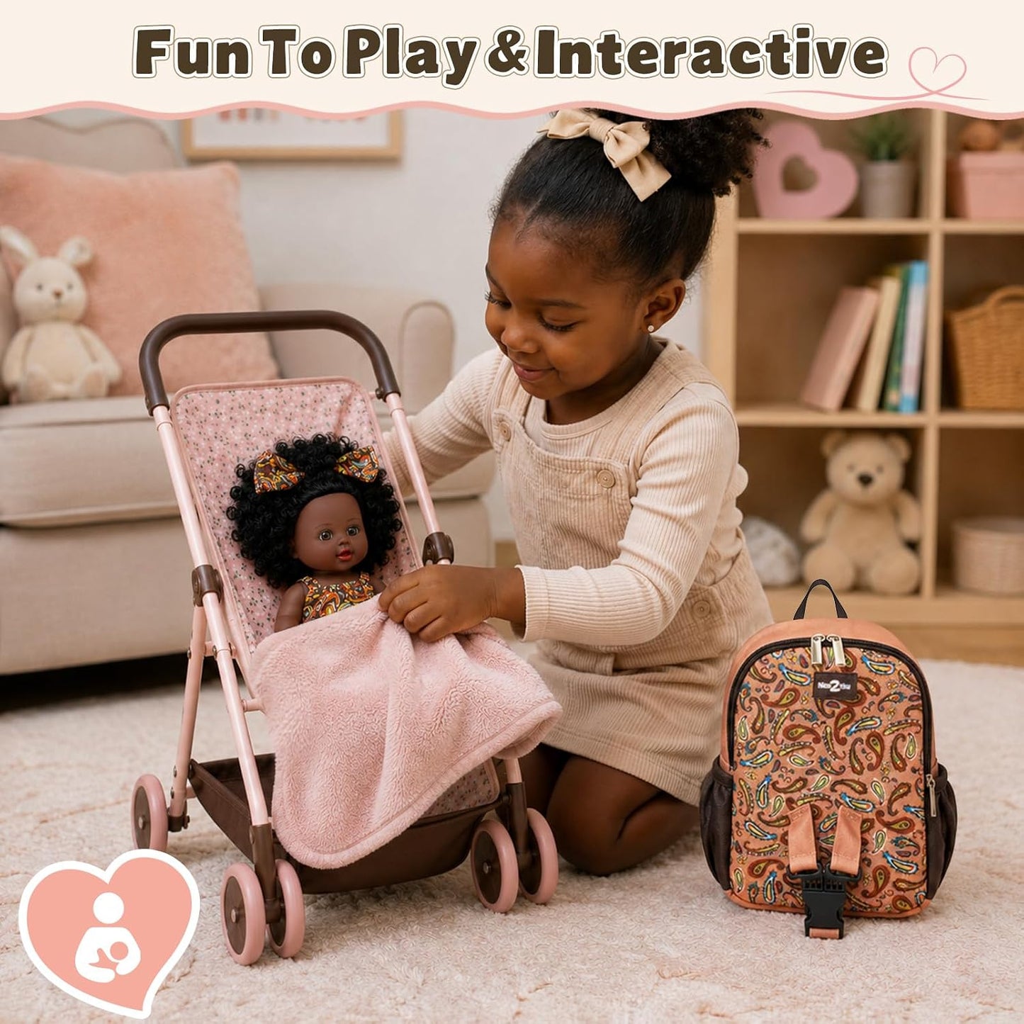Nice2You Black Baby Doll in Take along Backpack Carrier, 10In American African Girl Doll for Toddlers and Kids Aged 3+ Year Old, Backpack for Baby Doll Accessories Storage