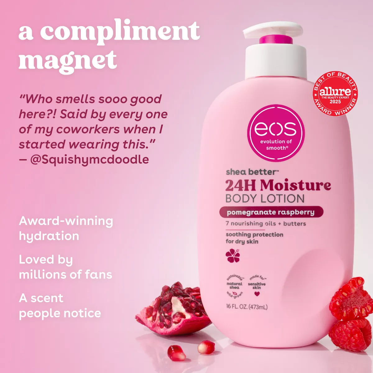 Eos Shea Better 24H Moisture Body Lotion - Pomegranate Raspberry - 16 Fl Oz: Hypoallergenic, Paraben-Free, Phthalate-Free