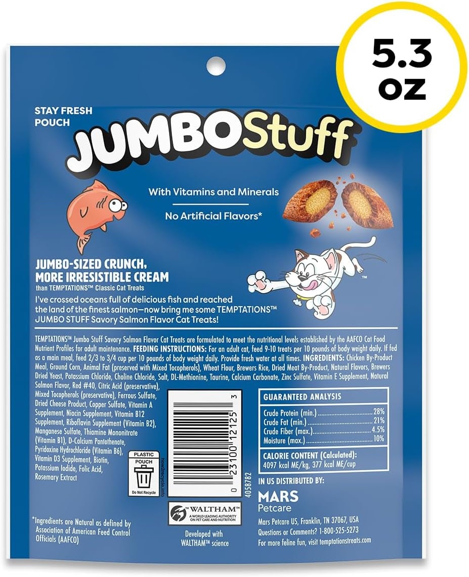 Temptations Jumbo Stuff Crunchy & Soft Cat Treats, Salmon, 5.3 Oz, 10 Pack