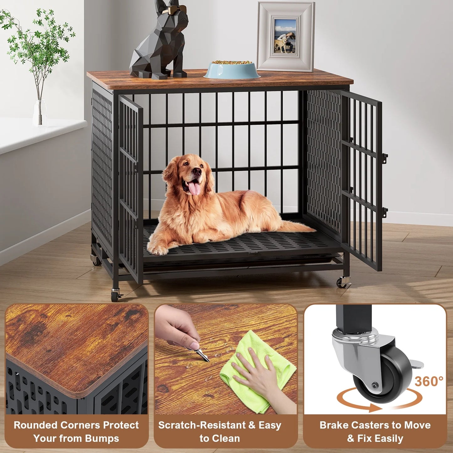 Winkalon 42 Inch Large Dog Crate Rustic Style Furniture Dog Cage Crate with 3 Doors and 4 Wheels Heavy-Duty Kennel,Brown