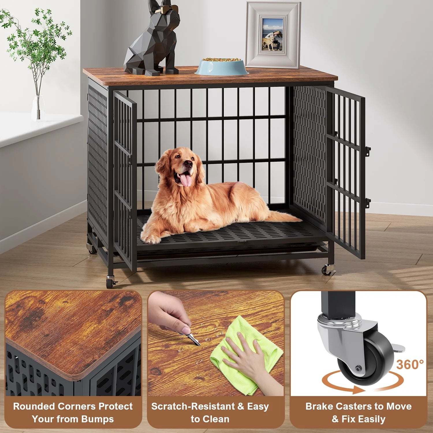 Winkalon 42 Inch Large Dog Crate Rustic Style Furniture Dog Cage Crate with 3 Doors and 4 Wheels Heavy-Duty Kennel,Brown
