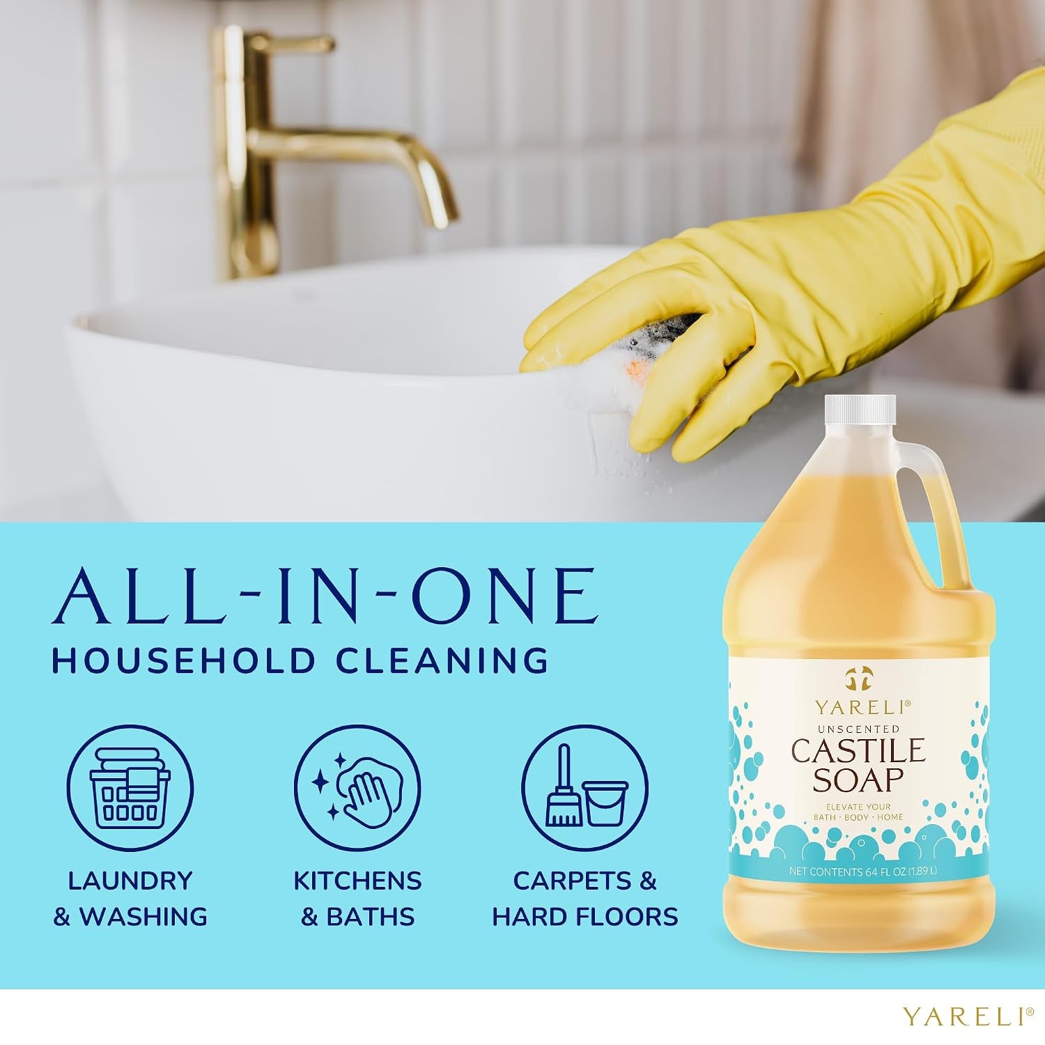 YARELI Pure Castile Soap Liquid Unscented 64Oz – Organic Oils, Fragrance-Free Body Wash, Castile Soap for Bath Body Home Laundry – Made in USA, Vegan