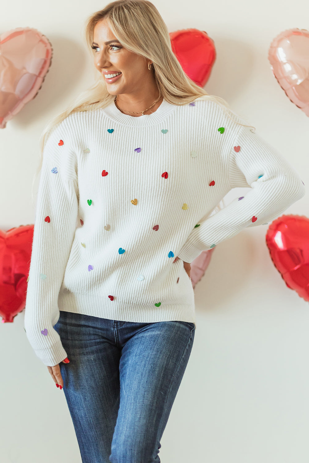 Sequin Heart Waffle Knit Sweater