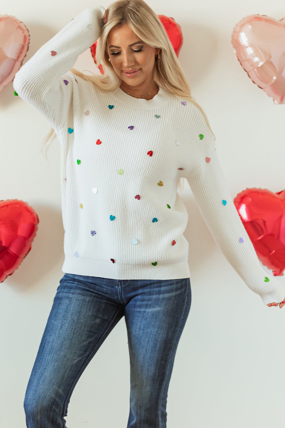 Sequin Heart Waffle Knit Sweater