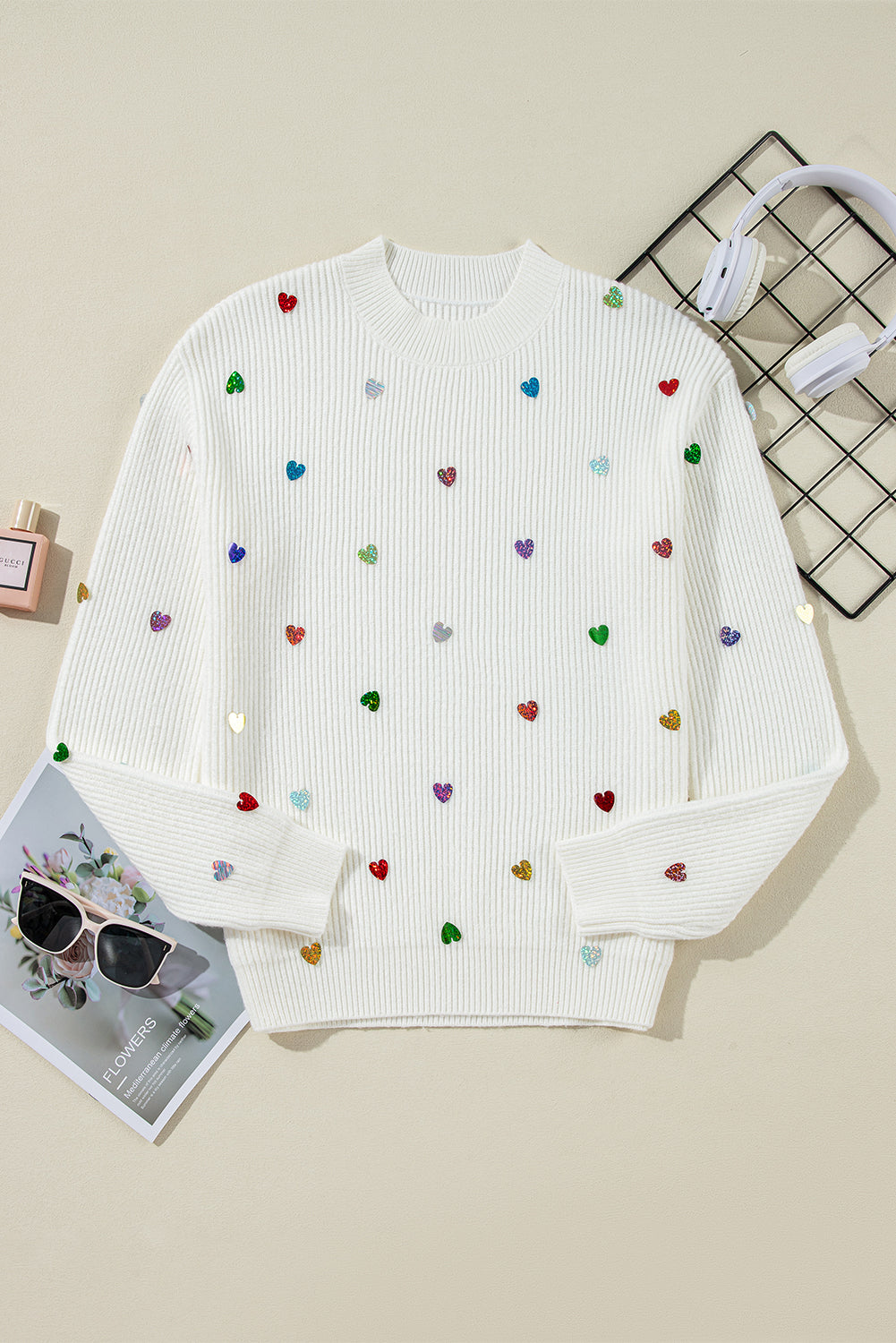 Sequin Heart Waffle Knit Sweater