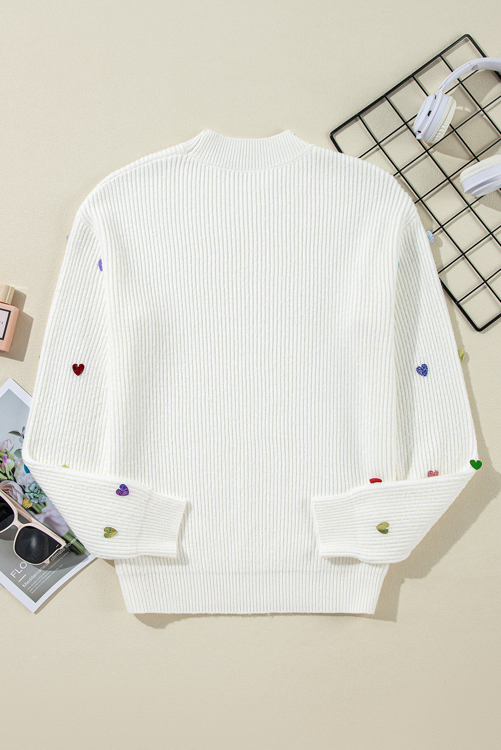 Sequin Heart Waffle Knit Sweater