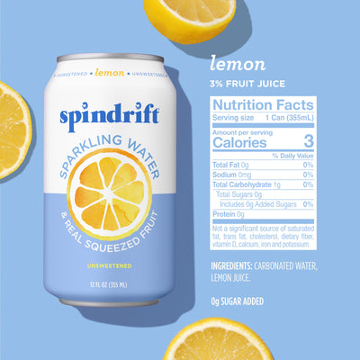 Spindrift Lemon Sparkling Water, 12 Fl Oz, 8 Count, No Sugar, 1 Calorie