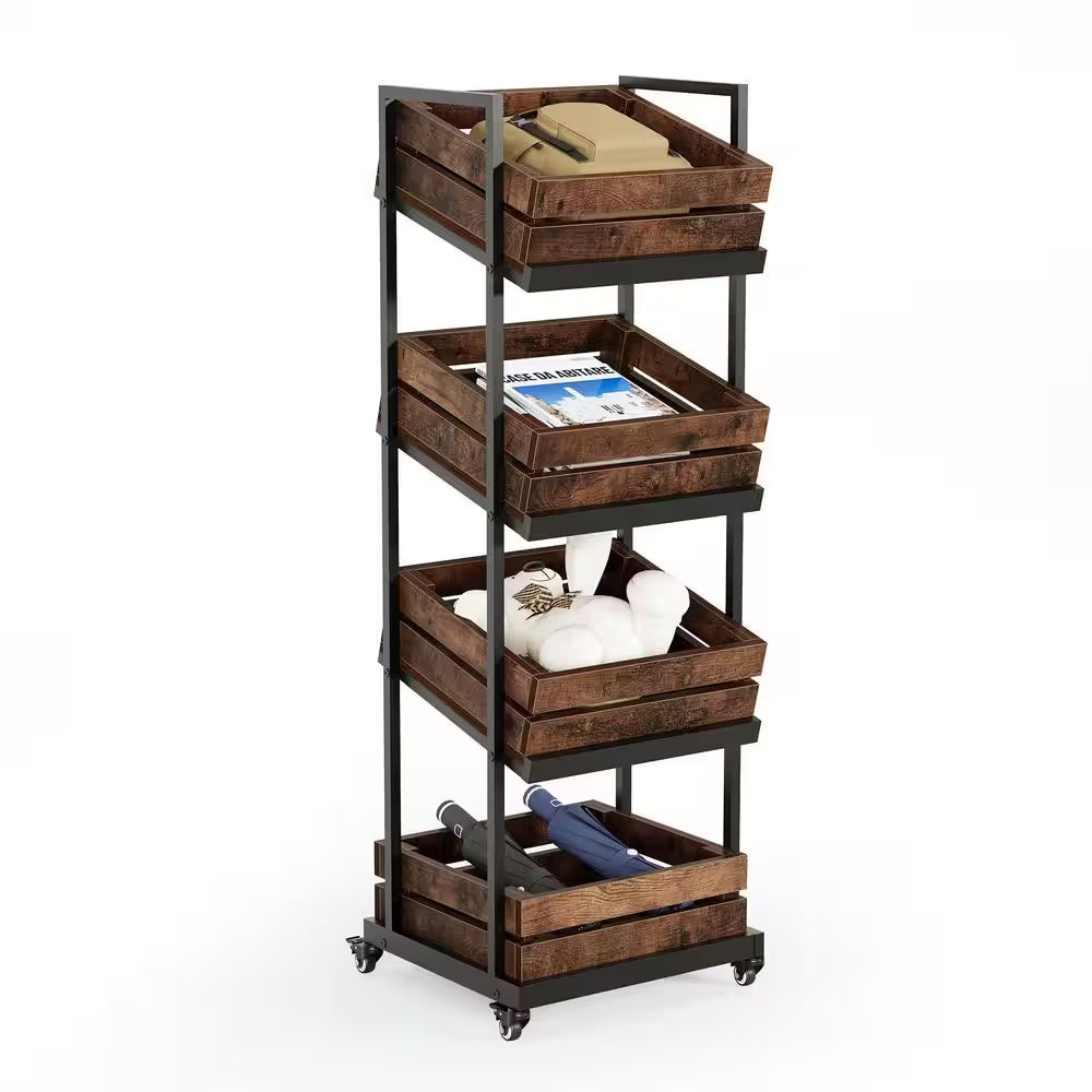 59 In. H Brown Wood 4-Tier Kitchen Cart Mobile Fruit and Vegetable Storage Utility Shelf Organizer Rack with Wheels