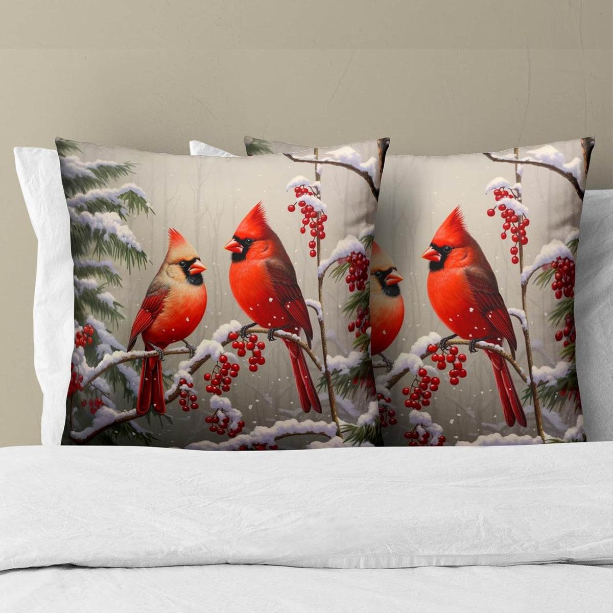 Merry Christma Red Cardinal Bird Throw Pillow Cover 18X18 Inch Pack of 2 Winter Snowflakes Cushion Pillow Case Square Xmas Pine Trees Holiday Pillowcase for Party Bed Sofa Home Car Bedroom Outdoor