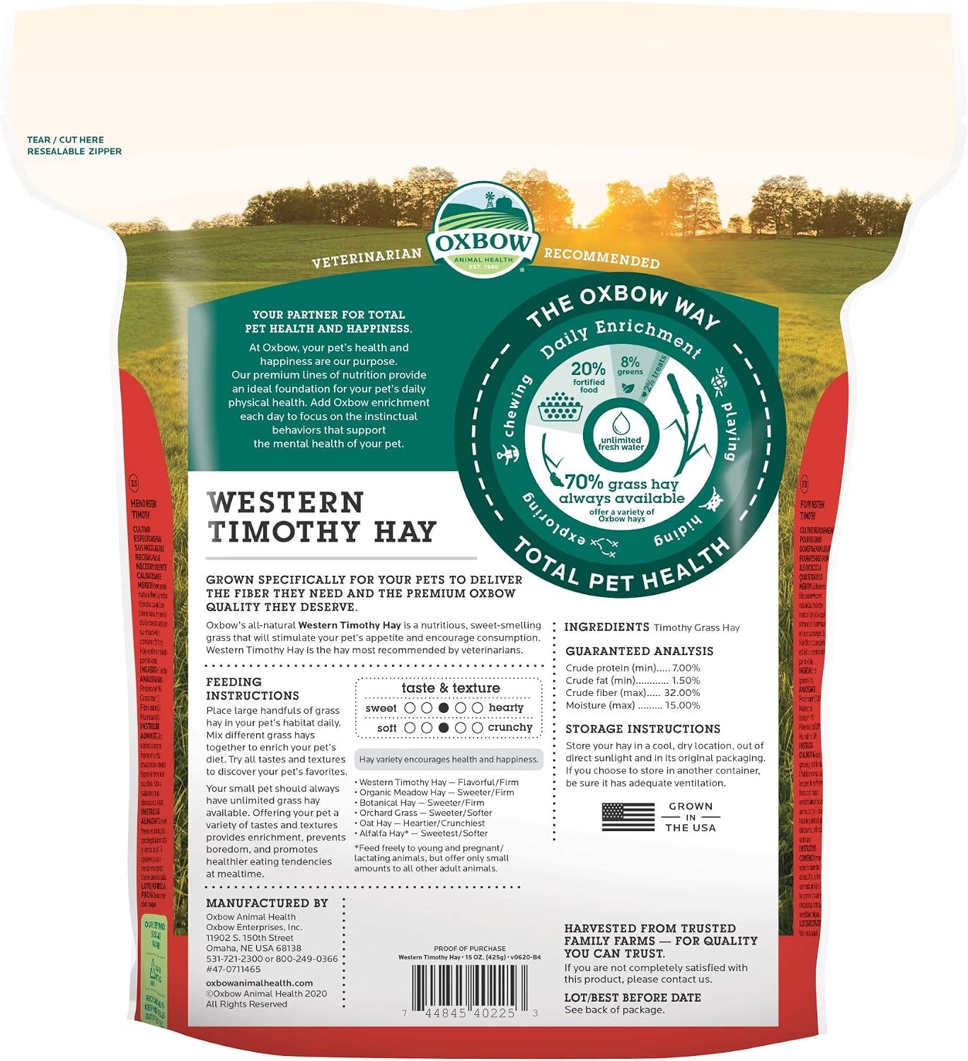 Oxbow Timothy Hay, Rabbit & Guinea Pig Hay, High Fiber for Digestive Health, Grown in the USA, Veterinarian Recommended Small Pet Supplies, for Rabbits, Guinea Pigs, & Chinchillas, 15 Oz. (Pack of 2)