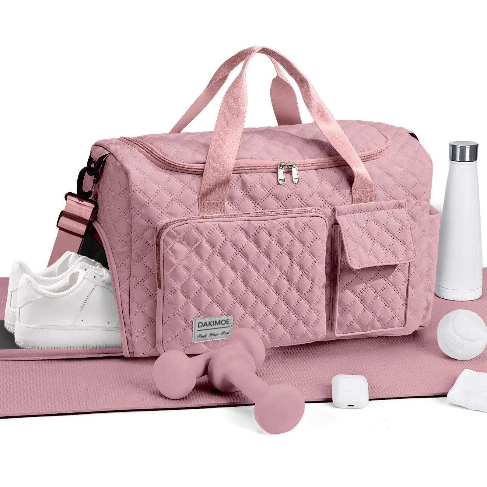 DAKIMOE Travel Duffle Bag for Women Men, Weekender Bags Carry on Gym Bag with Wet Pocket/Adjustable Strap/Shoe Compartment, Foldable Waterproof Overnight Tote Bag for Plane Sports Dance, Pink