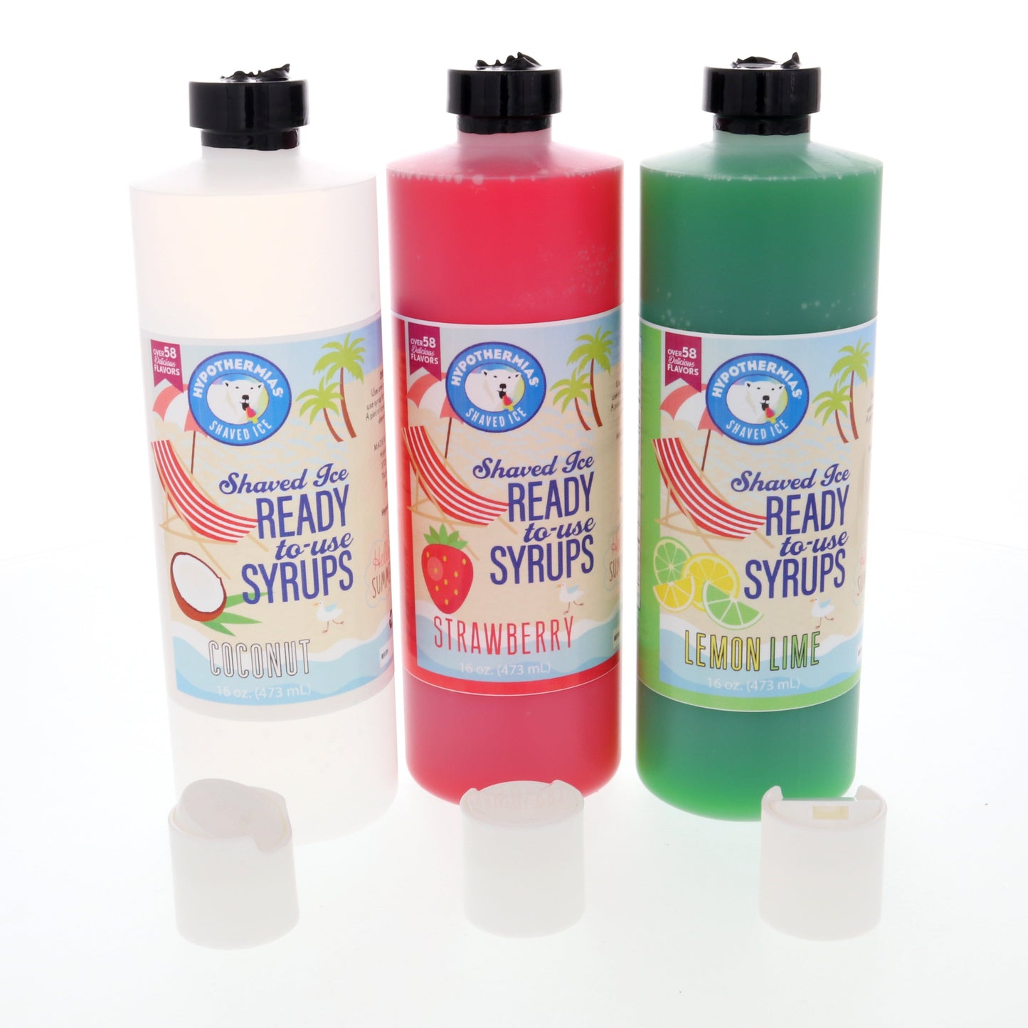 Hypothermias Shaved Ice and Snow Cone Syrup in Gift Box - Variety 3 Pack (16 Fl Oz Each) - Coconut, Strawberry, Lemon Lime - Non-Gmo 100% Pure Cane Sugar