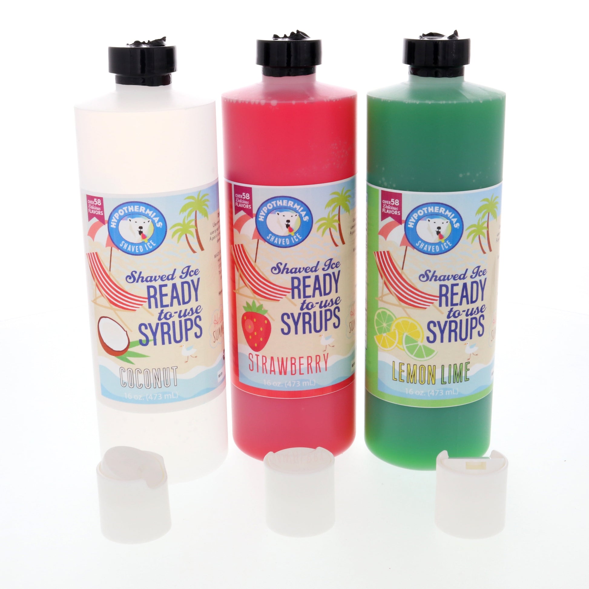 Hypothermias Shaved Ice and Snow Cone Syrup in Gift Box - Variety 3 Pack (16 Fl Oz Each) - Coconut, Strawberry, Lemon Lime - Non-Gmo 100% Pure Cane Sugar