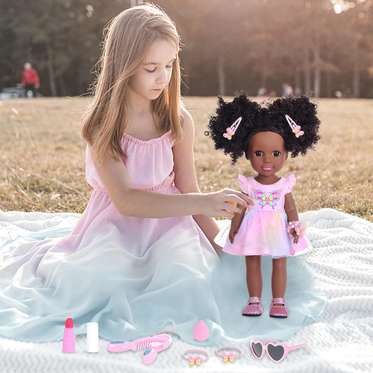 DONTNO 14.5 Inch Black Doll and Baby Doll Clothes and Accessories,Including Phone Sunglasses Shoes Makeup Accessories and Butterfly Theme Dress Best Gift for Girls Kids
