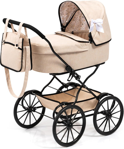 Bayer Design Vintage Doll Pram, Classic Baby Stroller with Bag, Beige | Elegant 18 Inch Carriage with Large Smooth-Rolling Wheels, Foldable Frame, Under-Basket, and Protective Fabric Cover