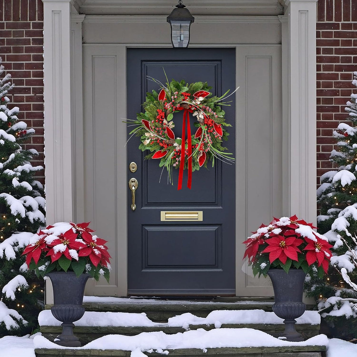 Christmas Wreath with Lights,Outdoor Pre-Lit Christmas Wreaths for Front Door-24 Inch Xmas Door Wreath with Pine Needles Pine Cones and Red Berries- Farmhouse Home Christmas Decorations
