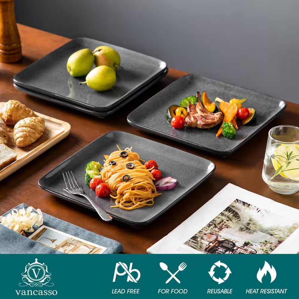 12-Piece Gray Stoneware Dinnerware Set Bowls and Plates Set Service for 4
