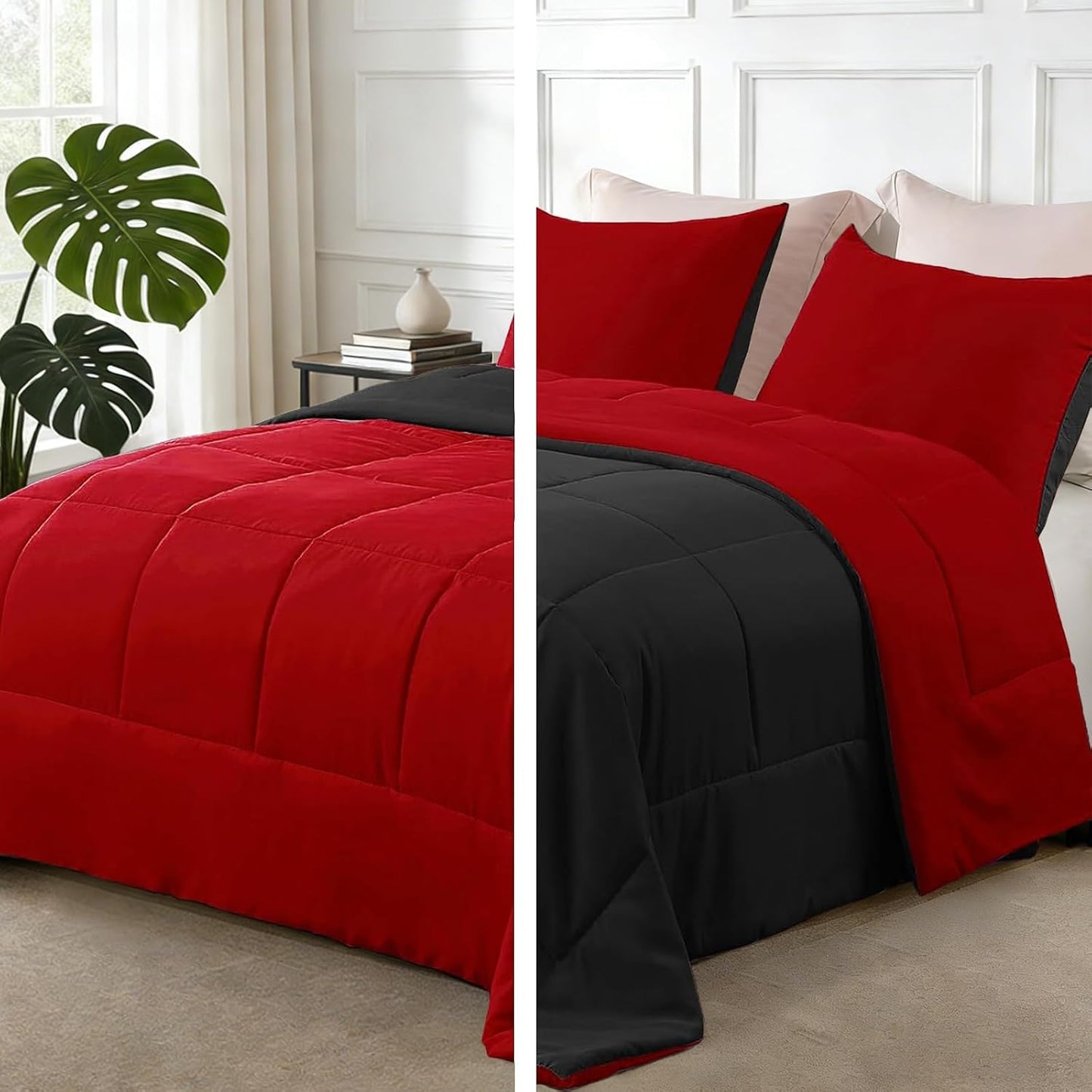 Exclusivo Mezcla Lightweight Reversible Queen Size Comforter Set, down Alternative Comforter with 2 Pillow Sham, Queen Size Bedding Set for All Seasons, Red/Black