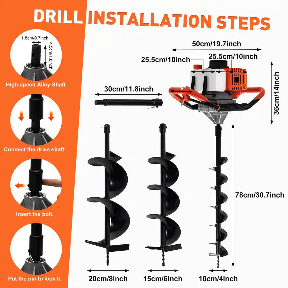 52 Cc Gasoline Engine Single-Cylinder 2-Stroke Post Hole Digger with 4 In./6 In./8 In. Bits