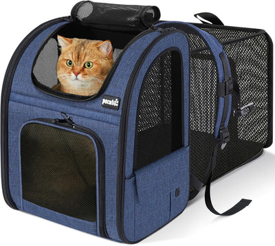 Pecute Cat Backpack Carrier Expandable, Pet Backpack for Cats & Small Dogs up to 11Lbs, with 4-Side Breathable Mesh, Multi-Entry & Lockable Zippers for Travel, Hiking, Camping - Hands Free, Blue