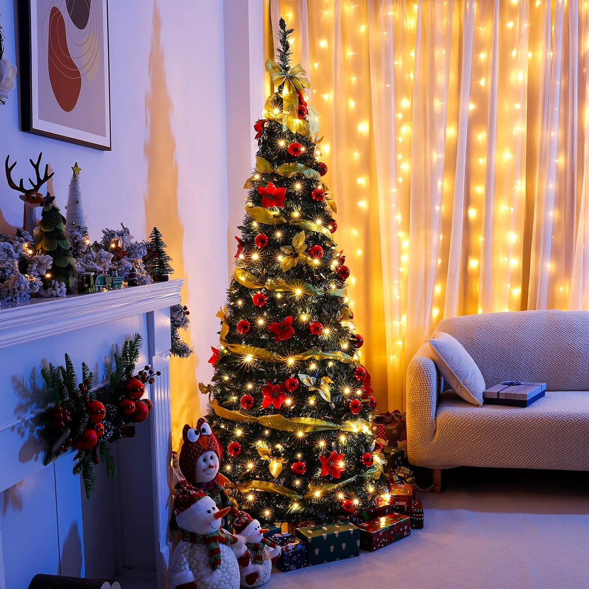 Decoway Pre Lit Christmas Tree: Pop up 6 FT Warm White LED Lights (Yellow)